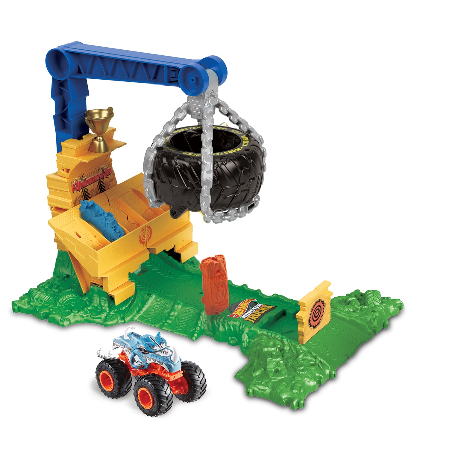 MATTEL - Hot Wheels Monster Trucks Arena Smashers Rhinomite - Playset Con 1 Truck Giocattolo E 2 Macchinine Schiacciate